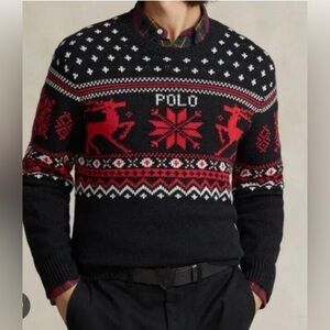 Ralph Lauren Men's Black and Red Festive Crewneck Sweater